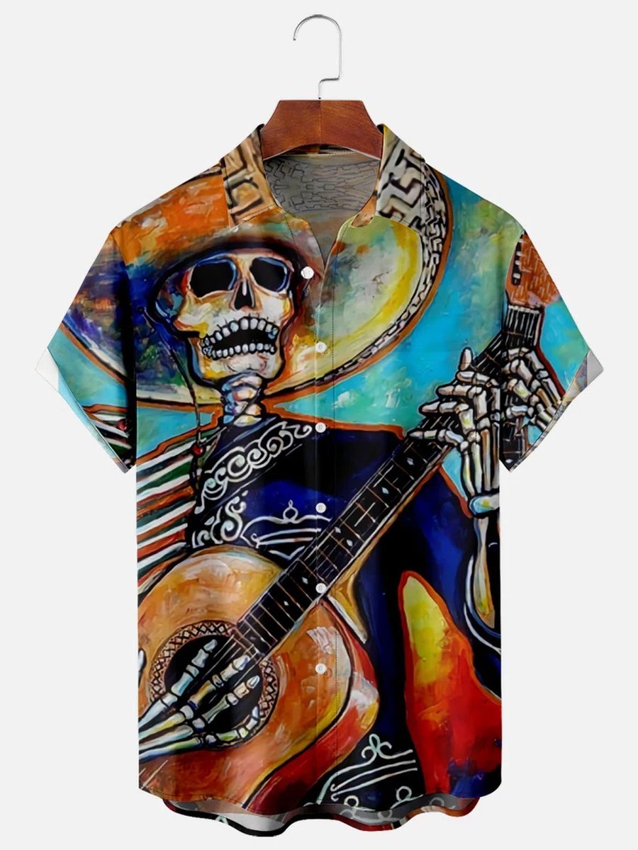 Skull Guitar Print Casual Short Sleeve Shirt