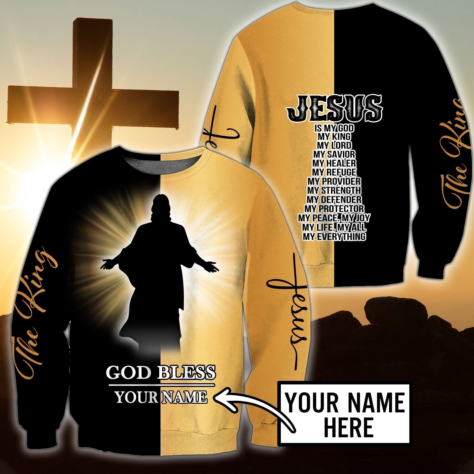 Personalized Christian Jesus Is My Savior Black Gold Sweater For Men & Women