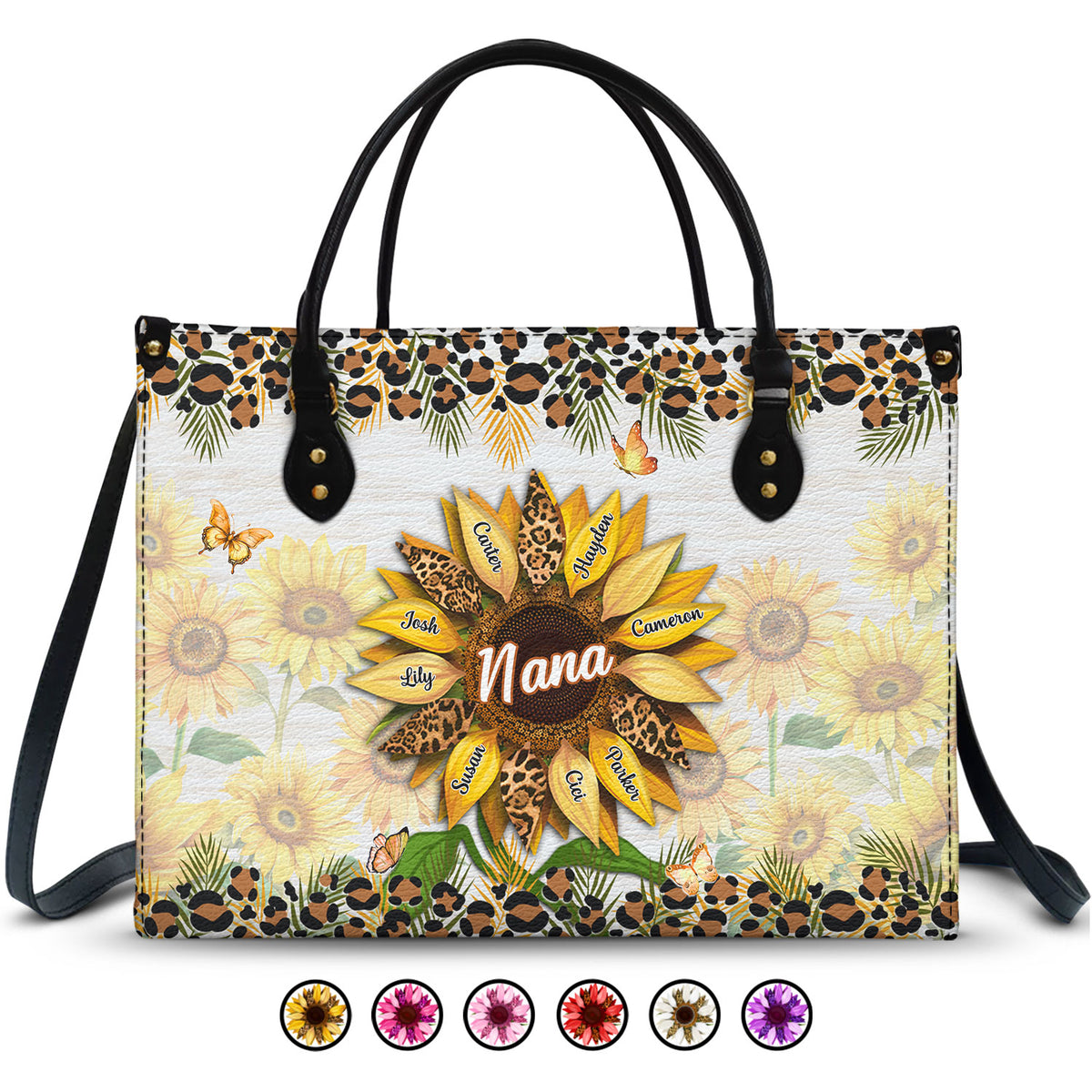 Nana, Mom, Auntie Sunflower  - Personalized Leather Bag - Loving Gift For Mother, Grandma, Grandmother, Mother's Day | NA94