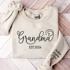 Custom Text Grandma Est And Kids- Embroidered Sweatshirt, Hoodie, Tshirt - Best Gift for Grandma