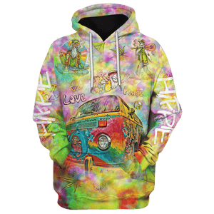 Hippie Flying Cartoon Love Peace With Car - Hoodie For Men, Women