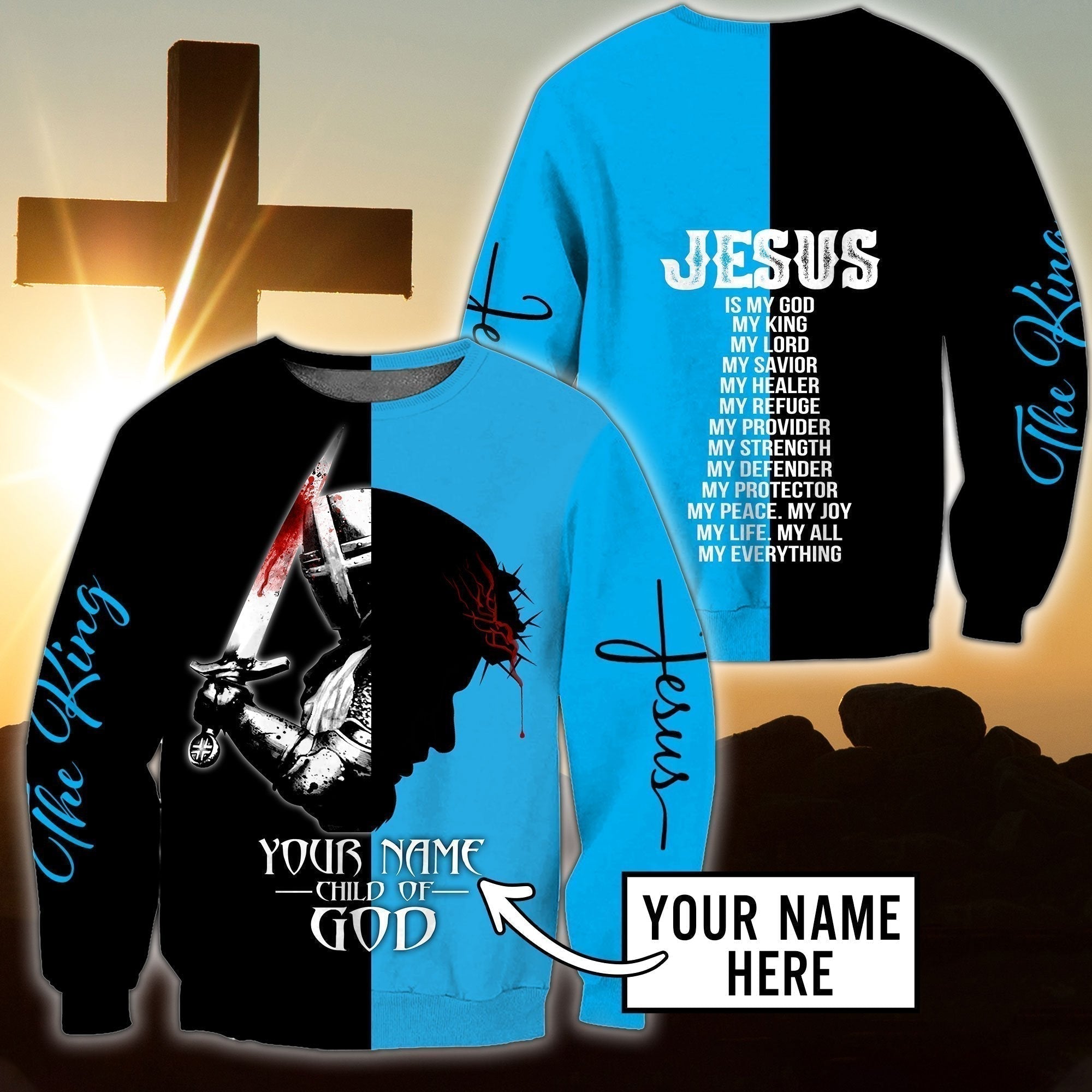 Personalized Christian Jesus Child Of God Black Blue Sweater