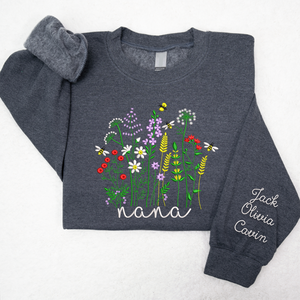 Custom Text Wildflower Nana With Grandkids - Embroidered Hoodie, Sweatshirt, Tshirt - Gift for Grandma