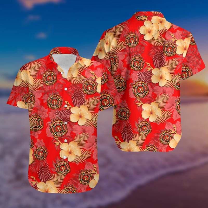 Firefighter Amazing Red Hibiscus Hawaiian Shirt For Men & Women