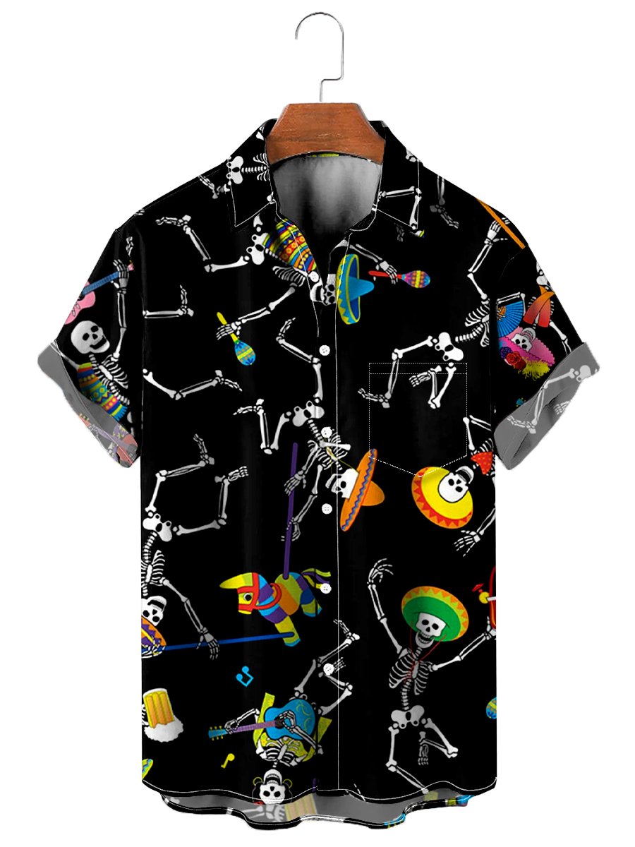 Skeleton Cinco De Mayo Chest Pocket Short Sleeve Hawaiian Shirt