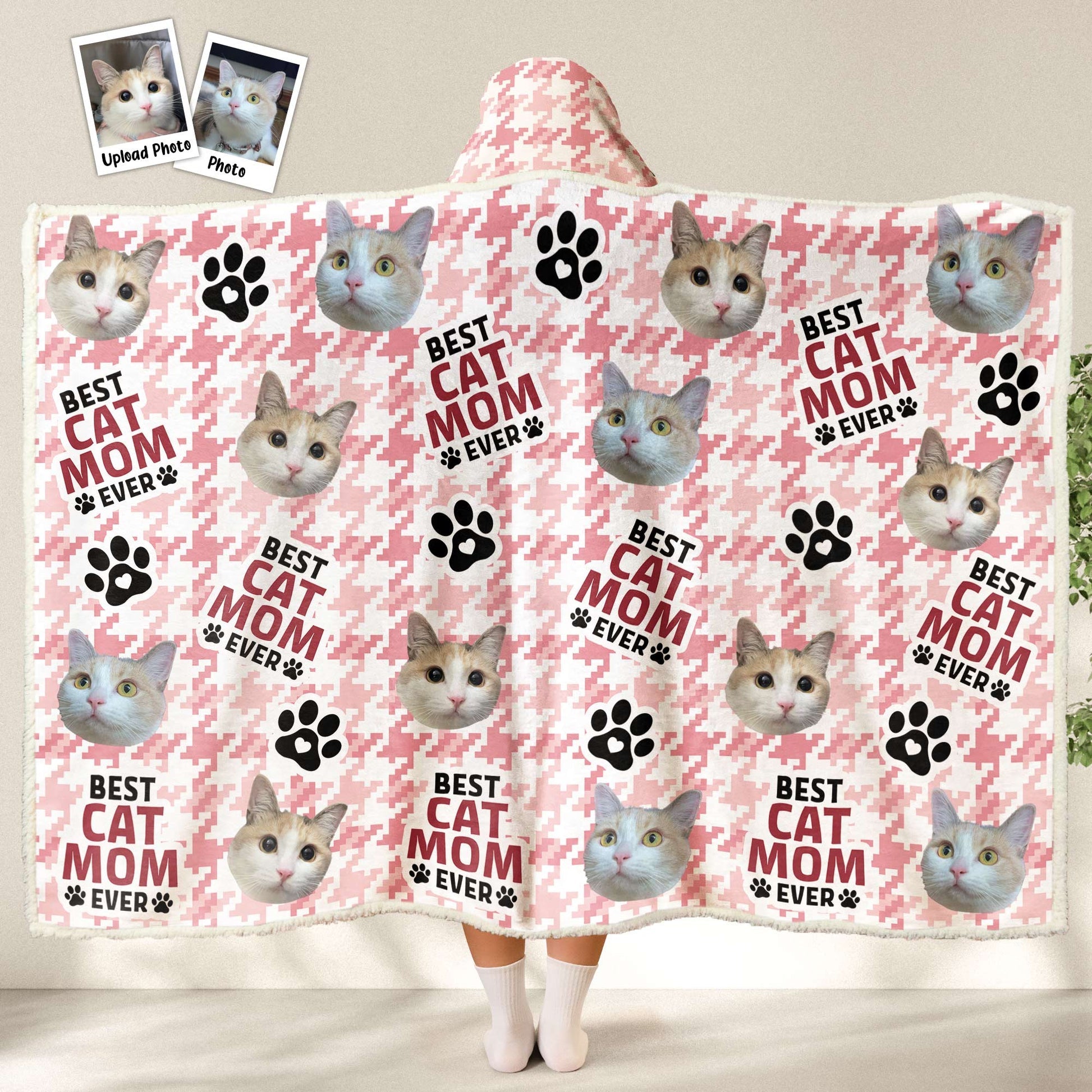 Custom Photo Best Cat Mom Ever - Personalized Wearable Hooded Blanket - Gift For Pet Lovers - NA94