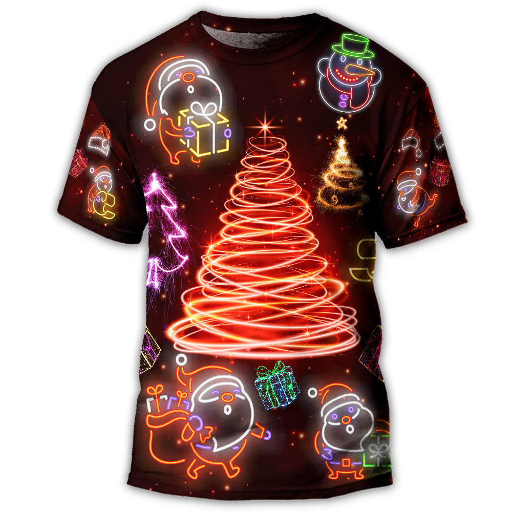 Christmas Funny Santa Claus Tree Red Neon Light Style T-Shirt