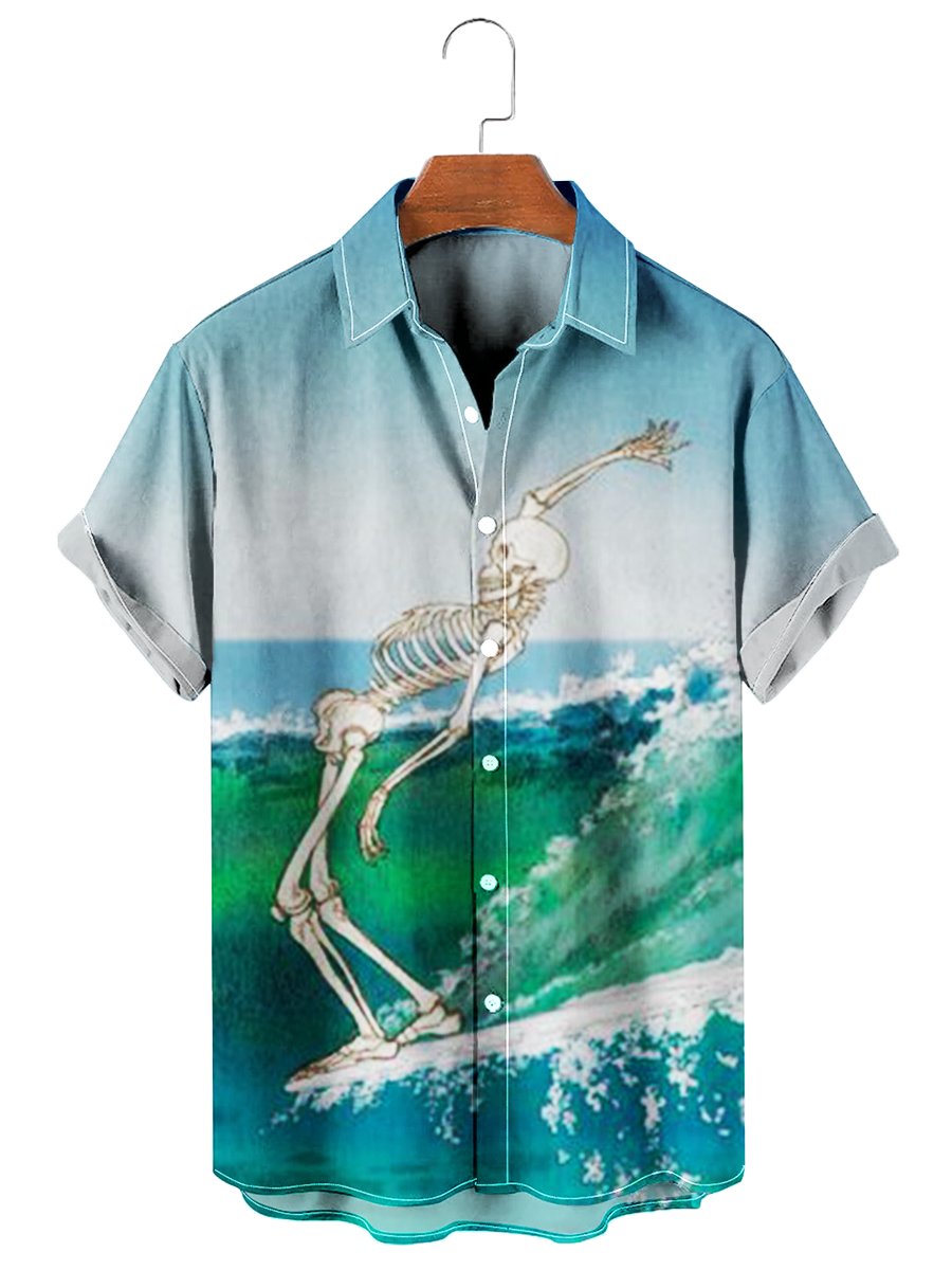 Skeleton Surfing Print Hawaiian Shirt