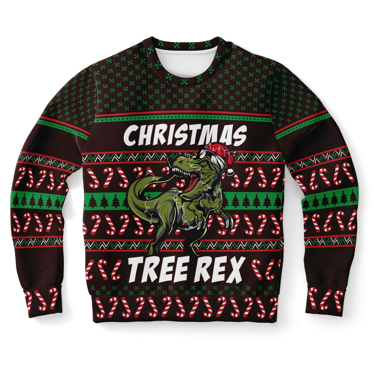 Tree Rex Green Dinosaur Wears Noel Hat Ugly Christmas Sweater