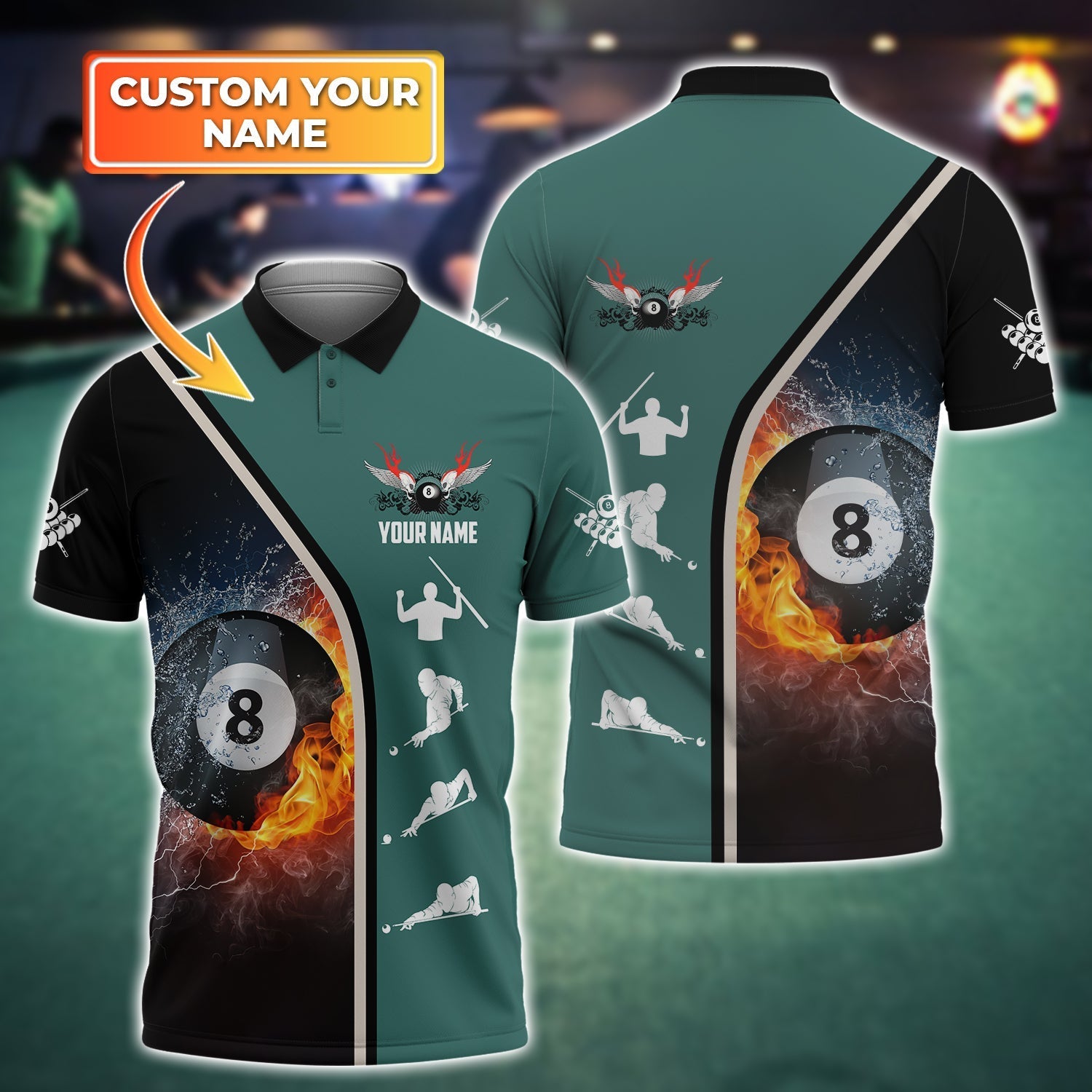 Personalized Billiard Uniform Wing Fire 3D Polo Shirt