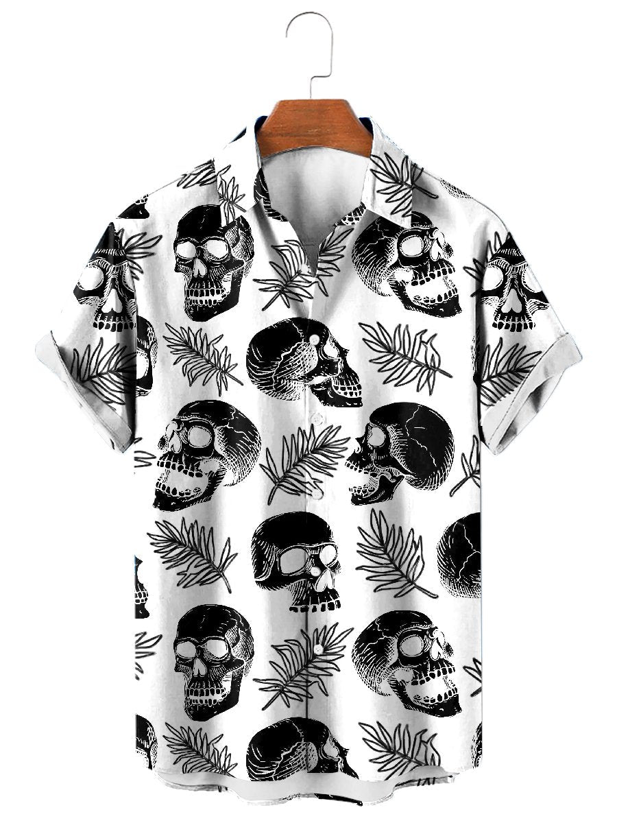 Skull Leaf Print Hawaiian Short Sleeve Shirt
