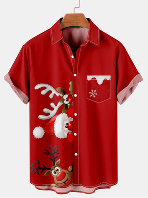 Merry Christmas Reindeer Short Sleeve Red Hawaiian Shirt