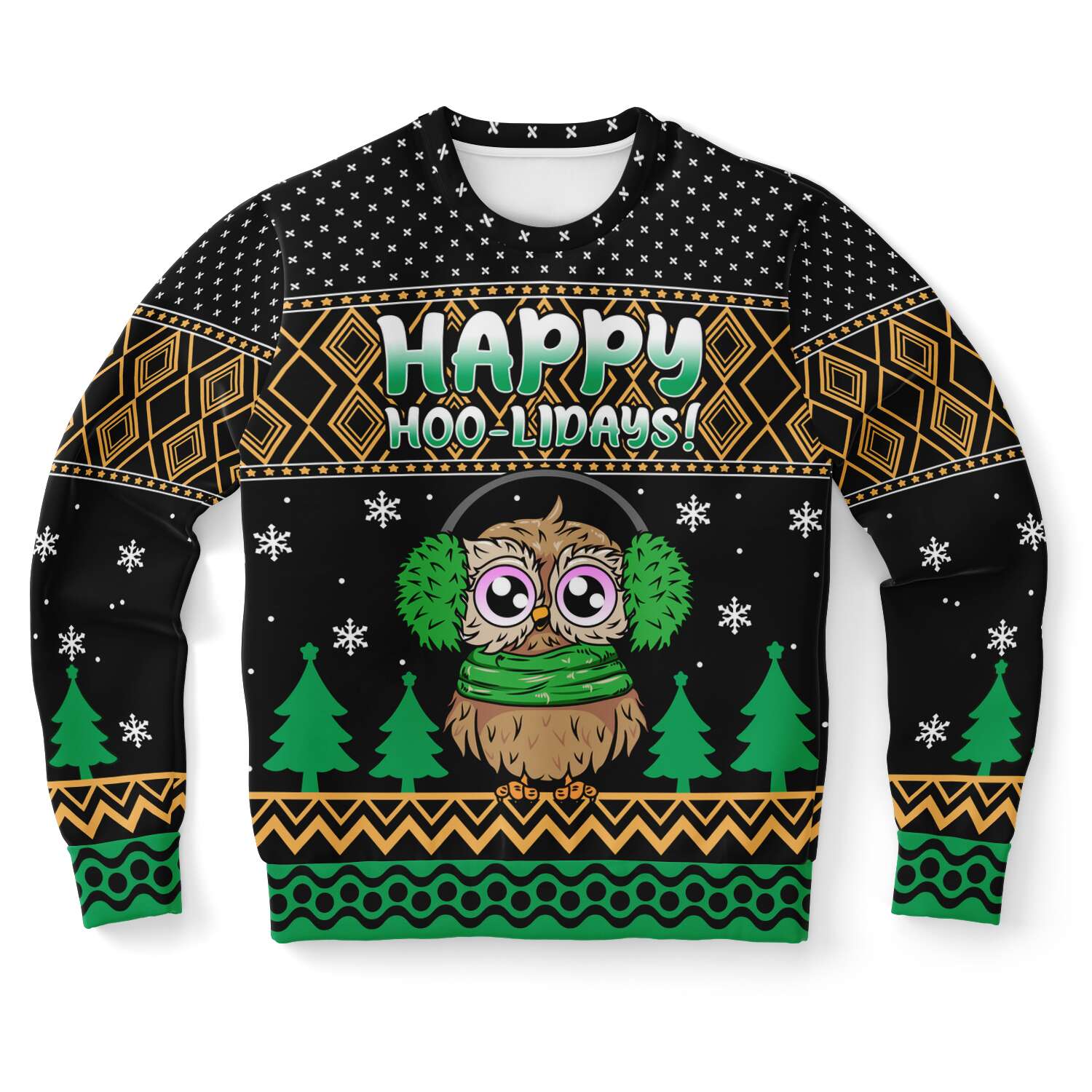 Happy Hoo-Lidays Owl Green Black Ugly Christmas Sweater