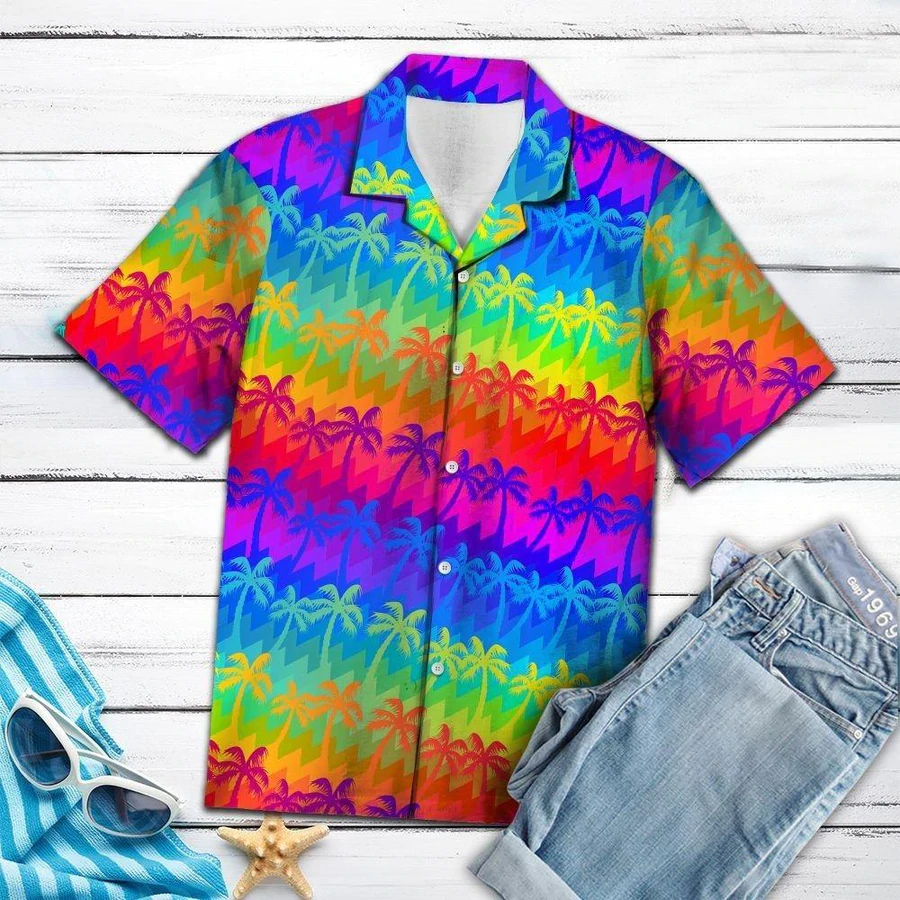 LGBT Hawaii Shirt Coconut Palm Tree LGBT Rainbow Color Hawaiian Shirt