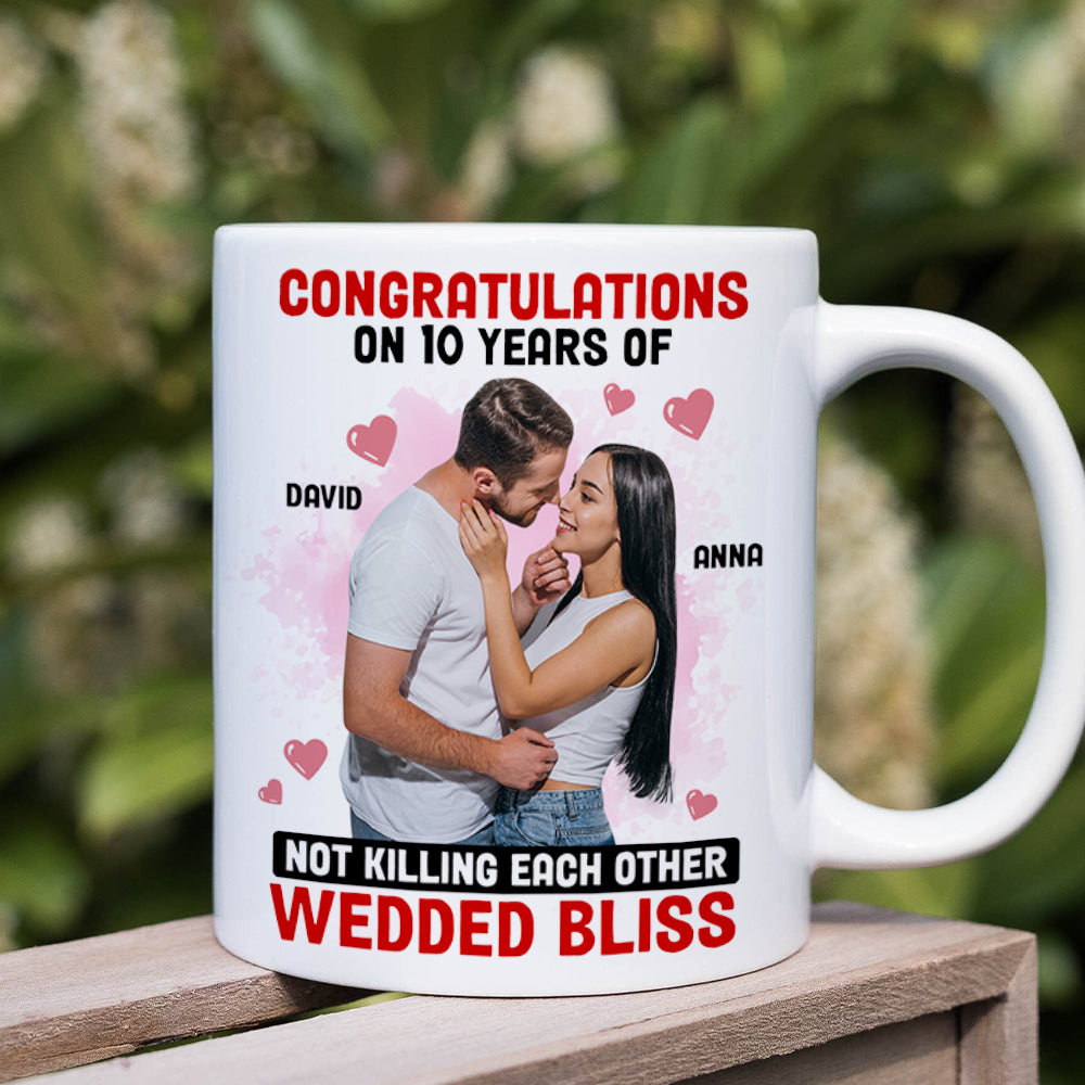 Custom Photo Congratulations On 10 Years Of Wedded Bliss - Personalized Ceramic Mug - Gift For Couple, Husband Wife, Anniversary, Engagement, Wedding, Marriage Gift NA94