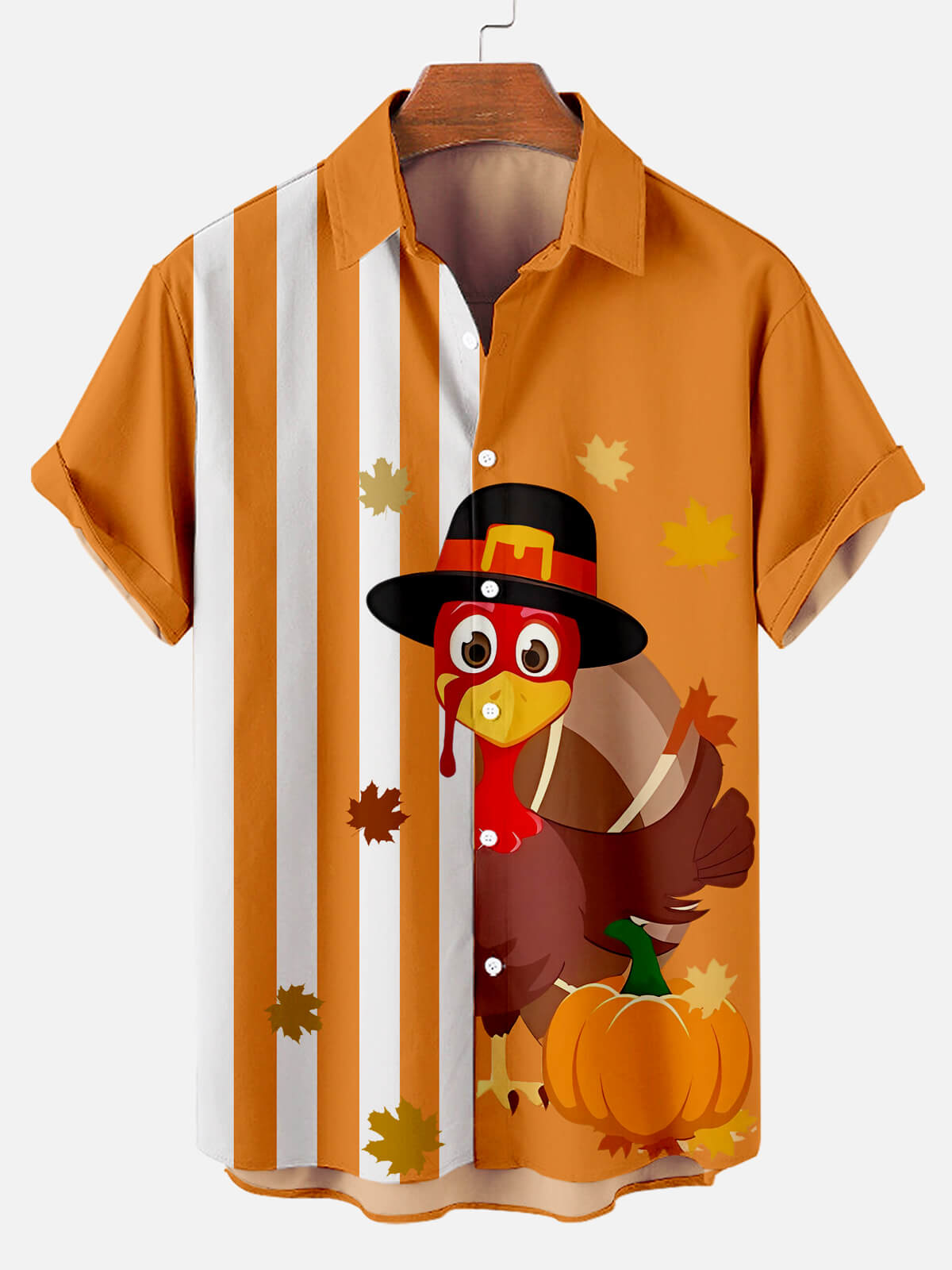 Thanksgiving Turkey Stripe Pattern Men's Short Sleeve Pumpkin Hawaiian Shirt