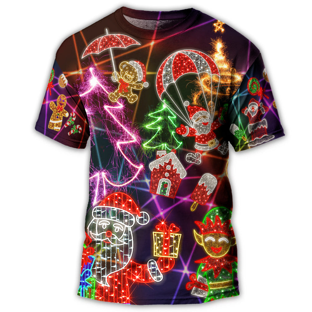 Christmas Funny Santa Claus Tree Elf Gingerbread Neon Light Style T-Shirt