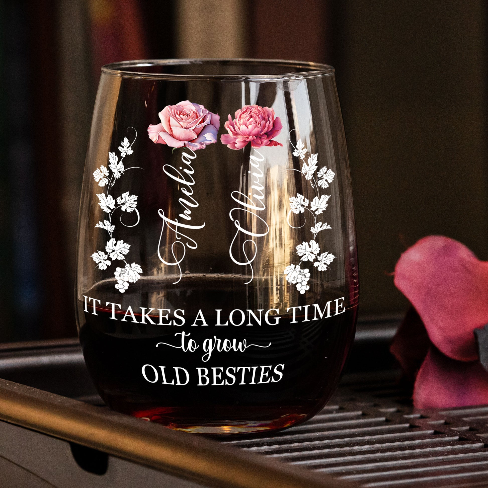 It Takes A Long Time To Grow Old Besties - Personalized Stemless Wine Glass - Gift For Besties, Friends, Sisters - NA94