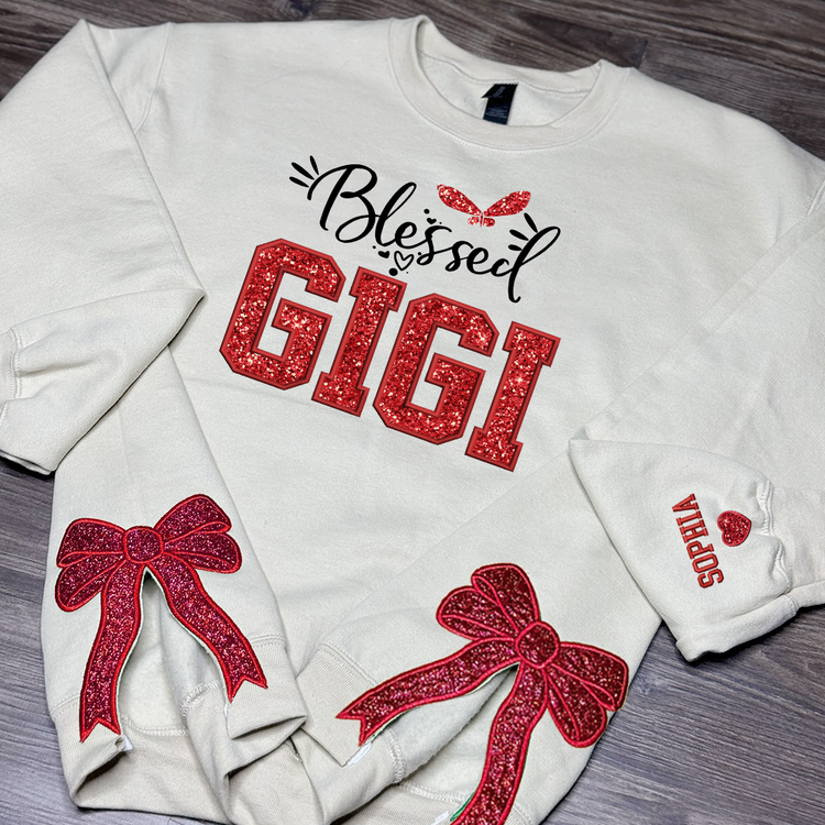 Blessed Gigi Glitter Embroidered Mimi, Grandma Christmas Bow - Personalized Side Bow Cut-Out Sweatshirt Embellished - Gift For Grandma, Mom - NH96