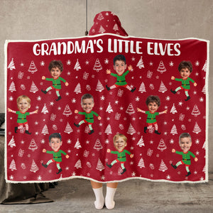 Custom Photo Mommy Grandma's Little Elves - Personalized Wearable Hooded Blanket - Gift For Grandma, Mom - NA94