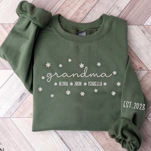 Custom Text Grandma With Grandkids Est Daisy - Embroidered Hoodie, Sweatshirt, Tshirt - Gift for Grandma