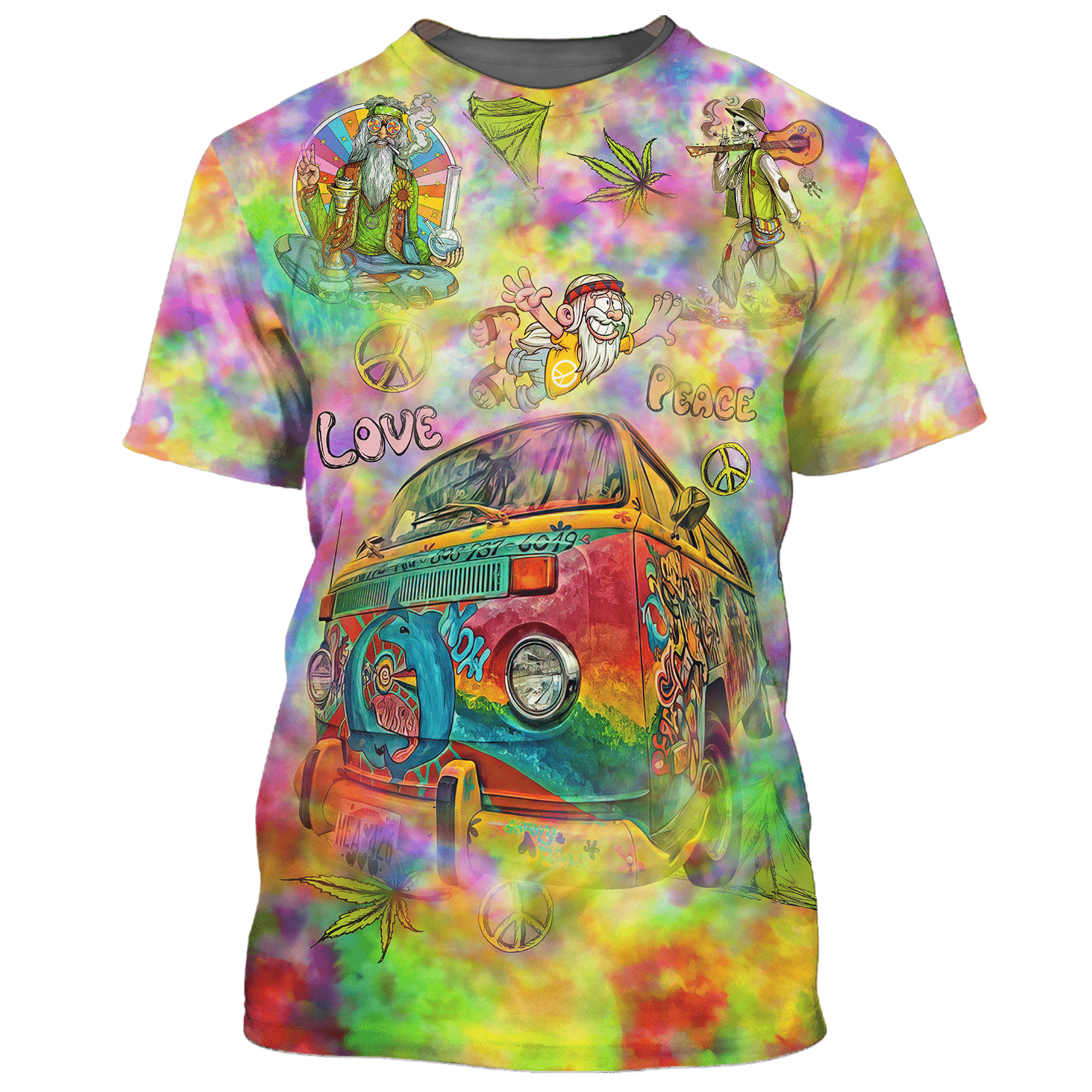 Hippie Flying Cartoon Love Peace With Car - T-Shirt