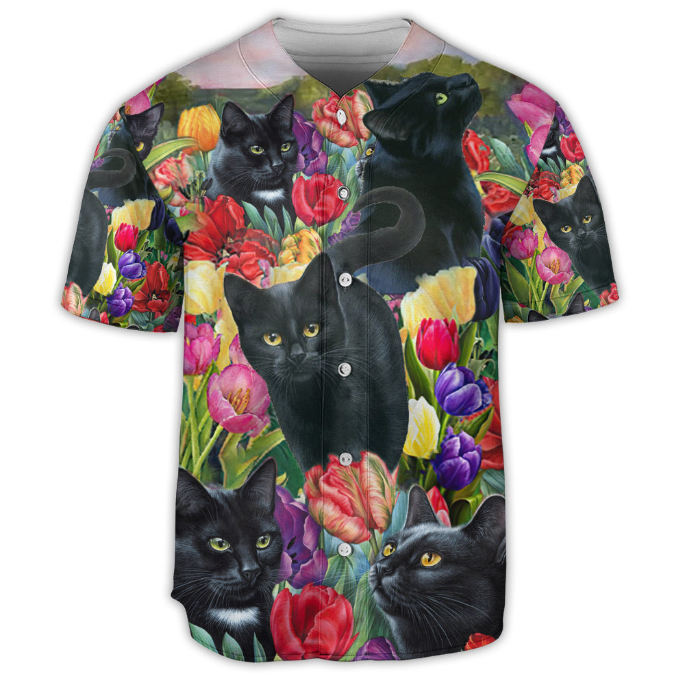 Black Cat Love Flowers Colorfull - Baseball Jersey