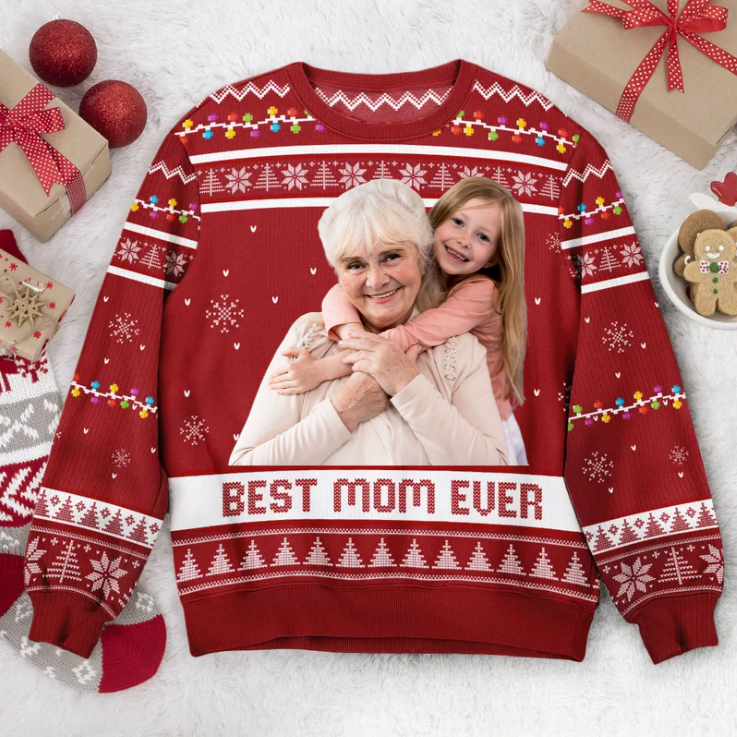 Custom Photo Best Mom Ever - Christmas Gift For Mom, Grandma - Personalized Ugly Sweater