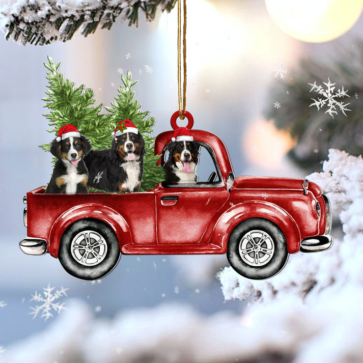 Bernese Mountain Red Car Christmas Ornament
