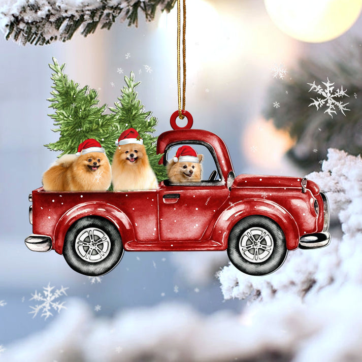Cute Pomeranian Red Car Christmas - One Side Ornament
