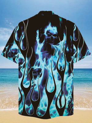 Fierce Skull With Blue Flames Burning Hawaiian Shirt