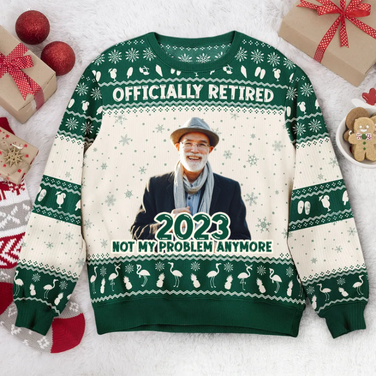 Custom Photo Officially Retired 2023 - Christmas Gift For Mom, Dad - Personalized Ugly Sweater