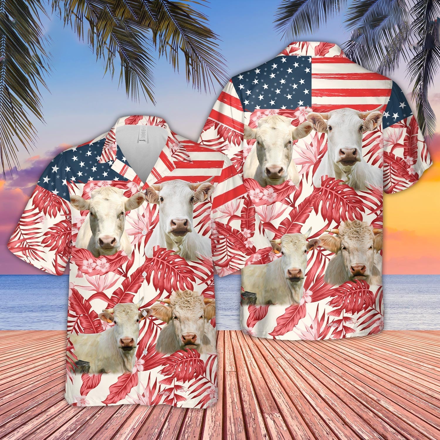 Unique Charolais Red Floral US Flag 3D Hawaiian Shirt