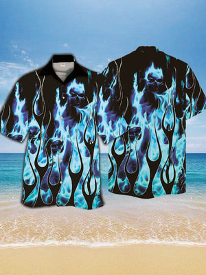 Fierce Skull With Blue Flames Burning Hawaiian Shirt