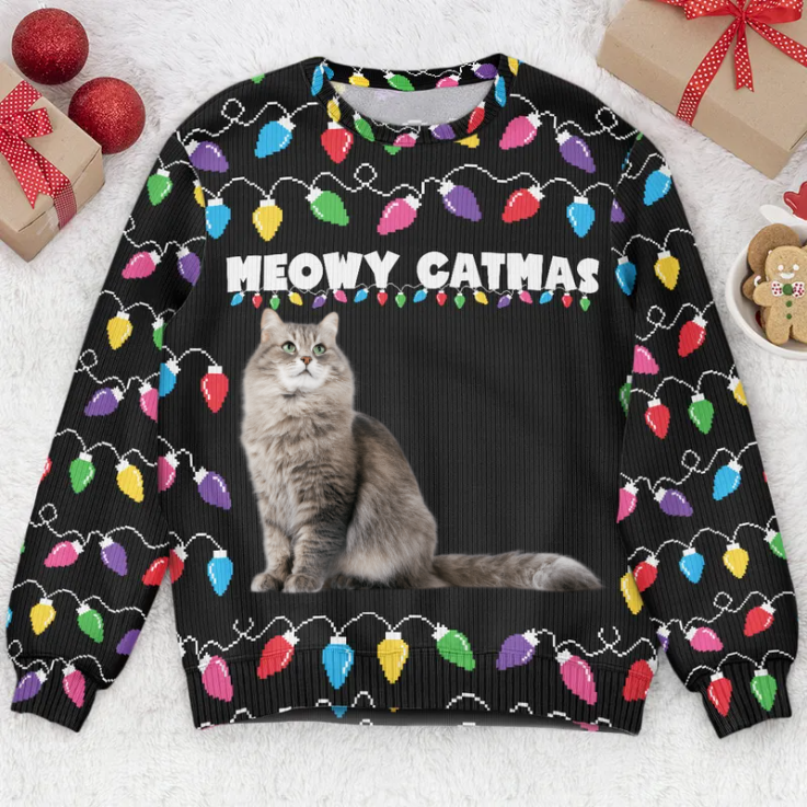 Custom Photo Meowy Catmas - Christmas Gift For Cat Lovers - Personalized Ugly Sweater