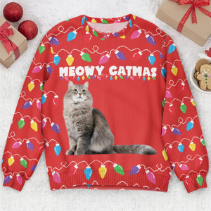 Custom Photo Meowy Catmas - Christmas Gift For Cat Lovers - Personalized Ugly Sweater