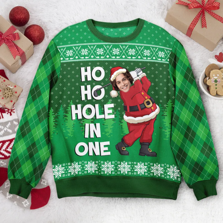 Custom Photo Ho Ho Hole In One - Christmas Gift For Family, Friends - Personalized Ugly Sweater