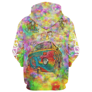 Hippie Flying Cartoon Love Peace With Car - Hoodie For Men, Women