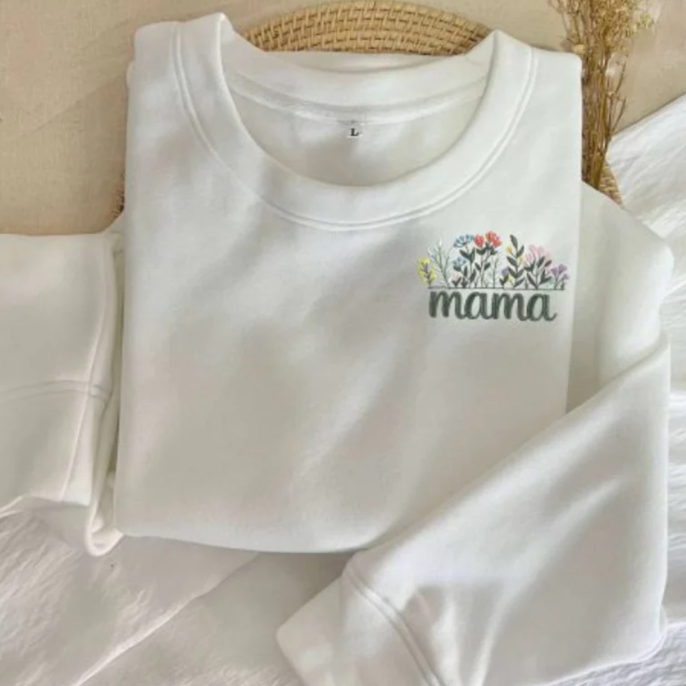 Custom Beautiful Floral Mama On Chest And Sleeve - Gift For Mom, Grandma - Embroidered Sweatshirt