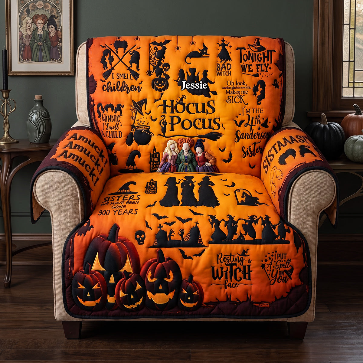 Witch Sisters Halloween Couch Decor Gift For Family, Spooky Home - Personalized Quilted Sofa Cover LA02
