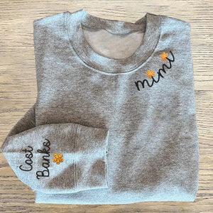 Custom Text Mimi Flower And Grandkids - Embroidered Hoodie, Sweatshirt, Tshirt - Gift for Grandma