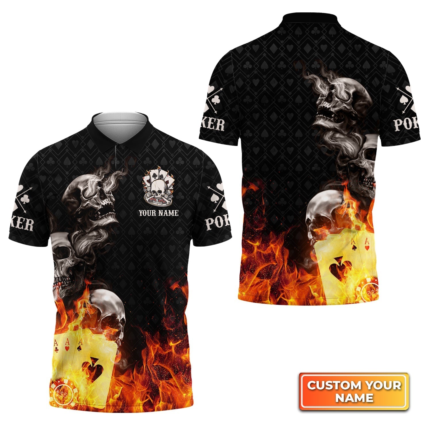 Personalized Poker Four Of A Kind Aces Skull On Fire Name 3D Polo Shirt Gift