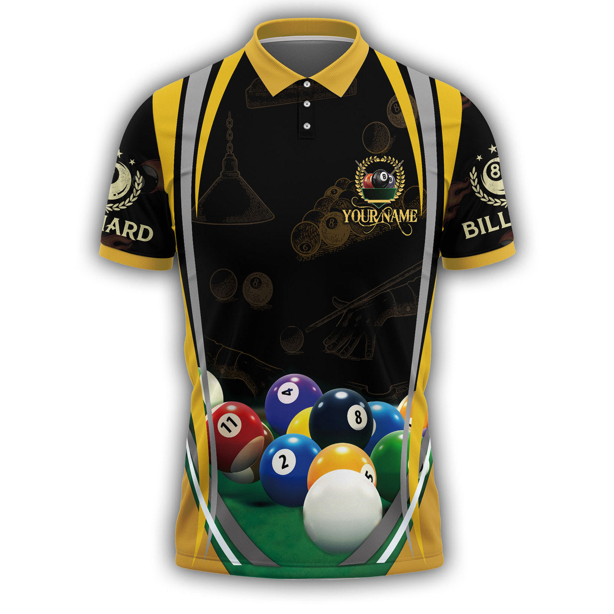 Personalized Name Black and Yellow Pool Table Billiard Polo Shirt, Cool Shirt