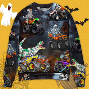 Halloween Skeleton Jurassic Park Dinosaur Driving Monster Truck - Sweater