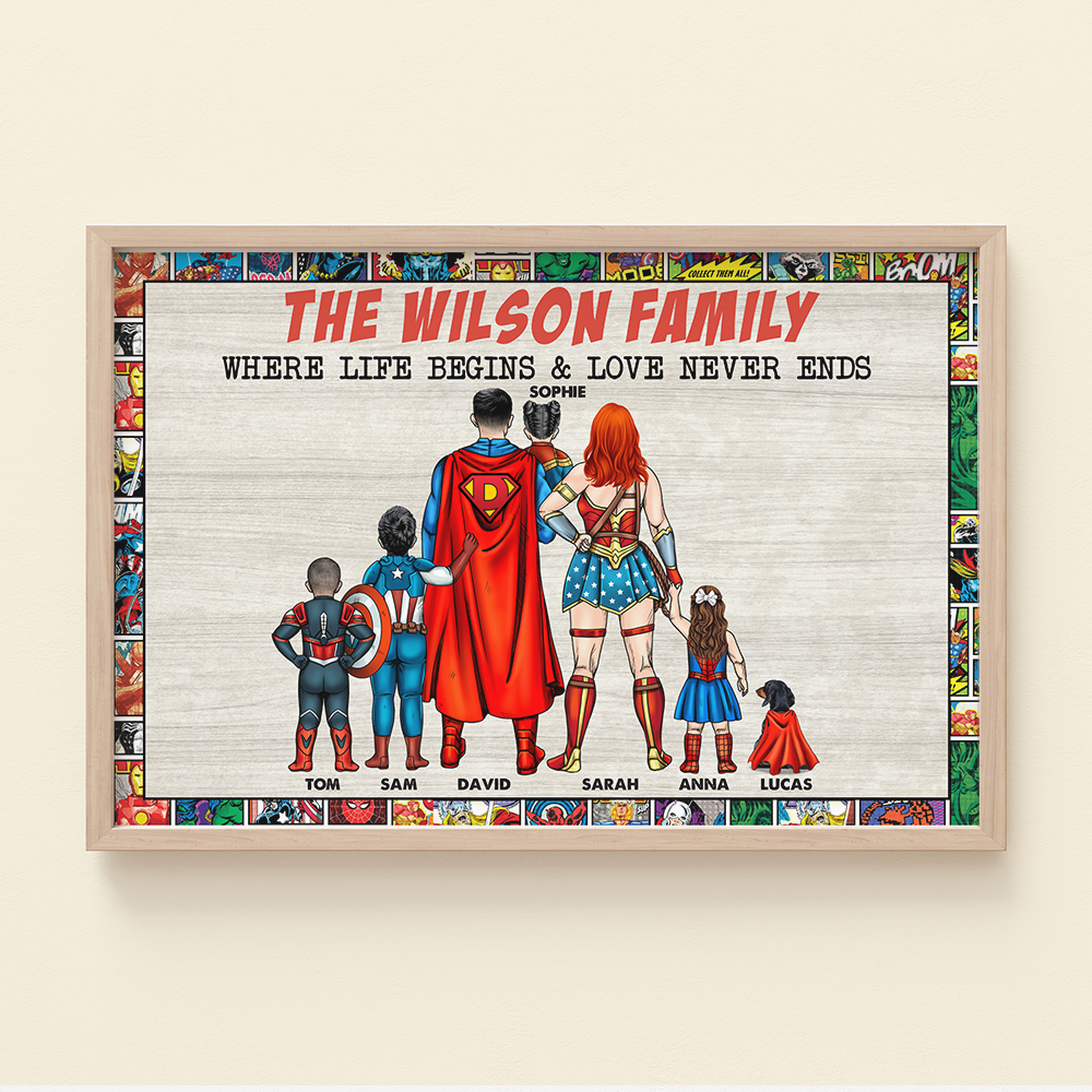 Super Hero Family Where Life Begins - Gift For Dad, Father's Day - Personalized Canvas Poster