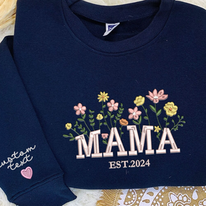 Custom Mama Flower Heart With Kid On Chest And Sleeve - Gift For Mom, Grandmother - Embroidered Sweatshirt