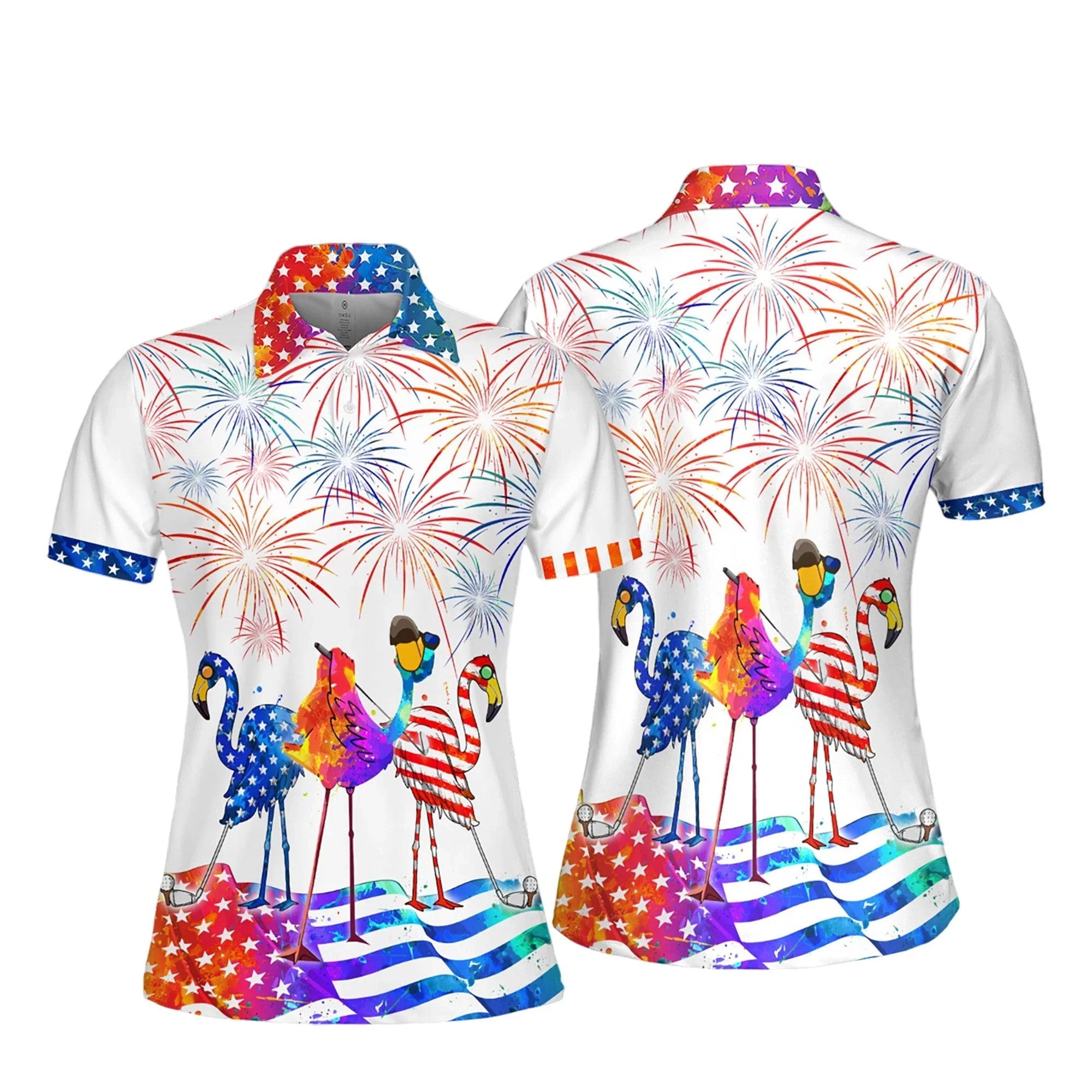 Water Color 4th Of July Patriotic Funny Flamingo Golf Women Polo Shirt