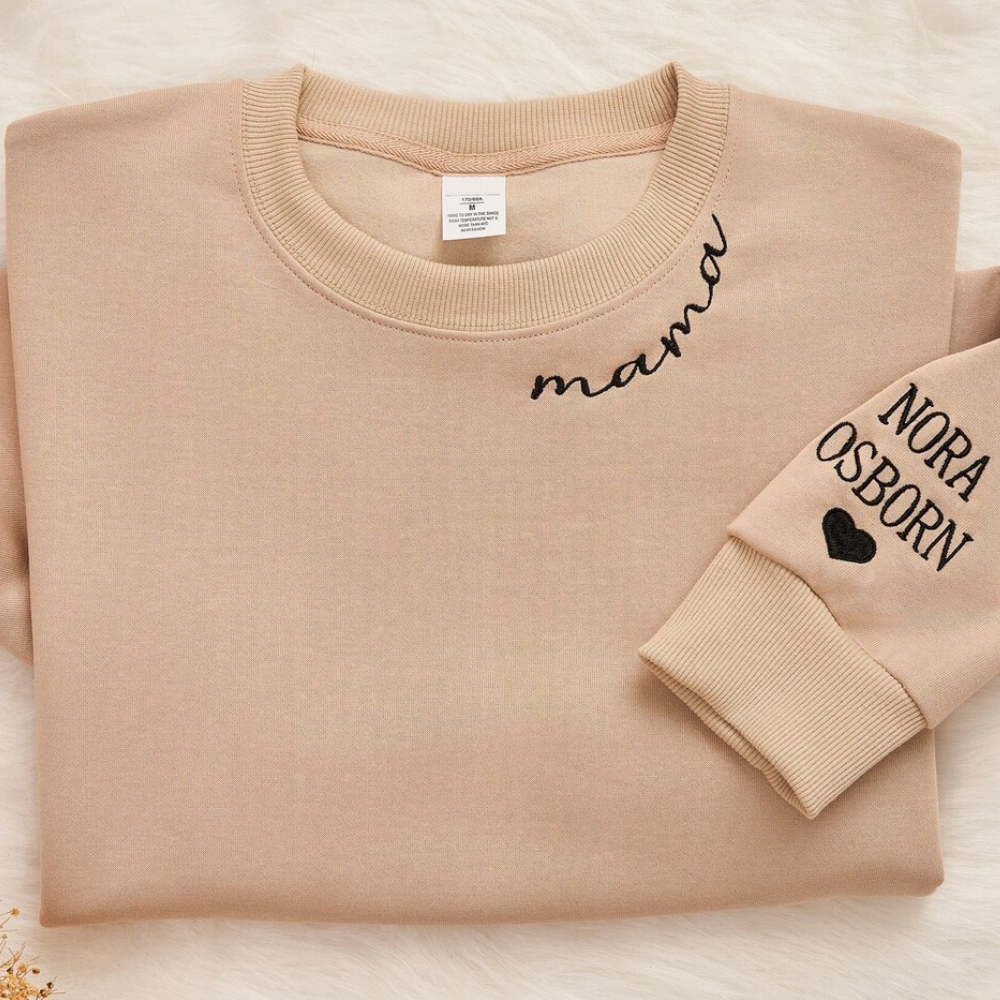 Custom Mama With Kid Comfortable On Neckline And Sleeve - Gift For Mom, Grandmother - Embroidered Sweatshirt