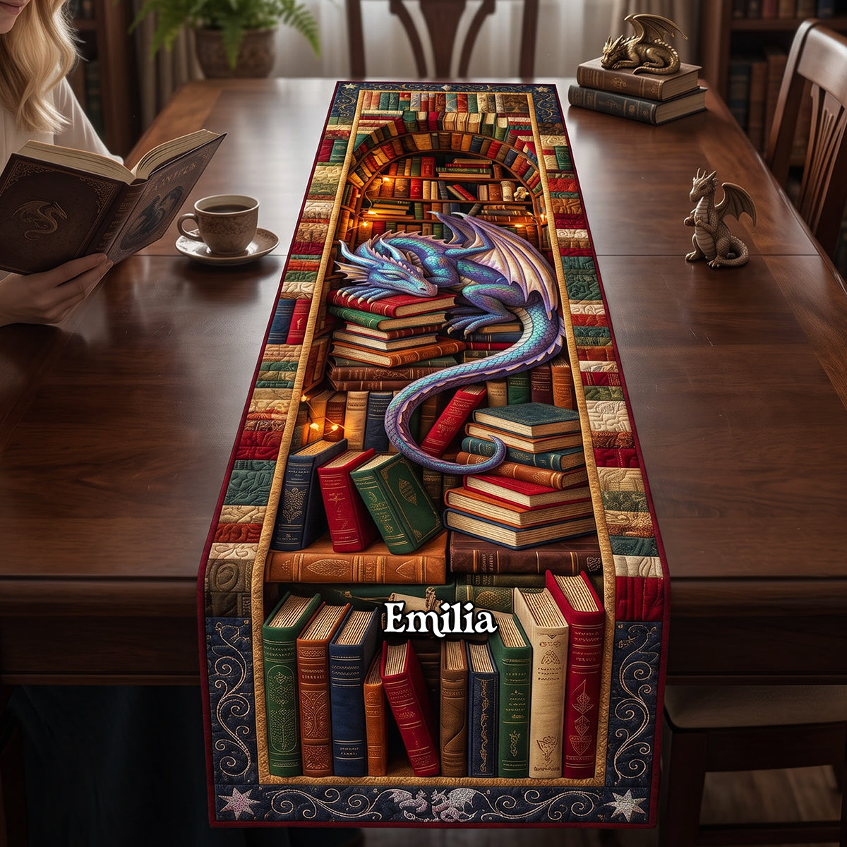 Fantasy Dragon Library Decor, Custom Name Gift For Book Lover - Personalized Quilt Table Runner LA02
