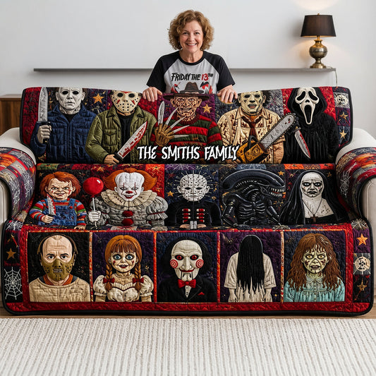 Custom Spooky Halloween Horror Movie Night Family Home Decor - Personalized Quilted Sofa Cover